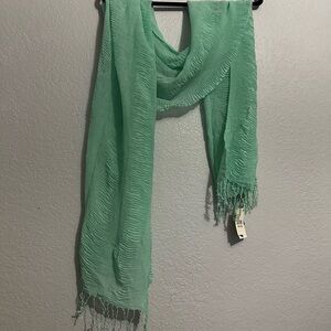 Mint Green Ruched Textured Scarf With Fringe New With Tag